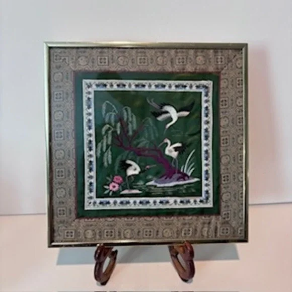 Vintage Framed Asian Silk Embroidered Art Pair Birds Flowers Wall‎ Decor